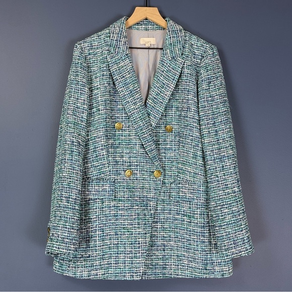LOFT Women's Green and Blue Tweed Double Breasted Blazer Size 14 - Picture 5 of 10